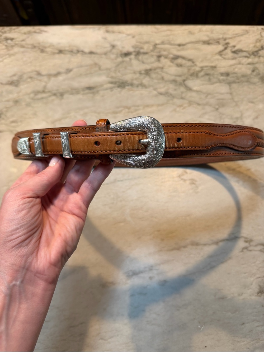 Tony Lama Vintage Leather Ranger Belt Style 7736L Size 34 Western Silver Buckle